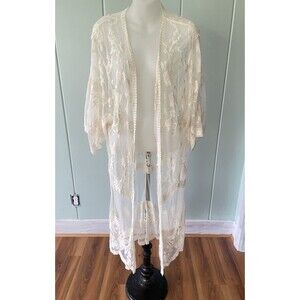 Lace Duster Kimono Cover Up Cardigan Women's L Cream Ivory Floral Boho Sheer